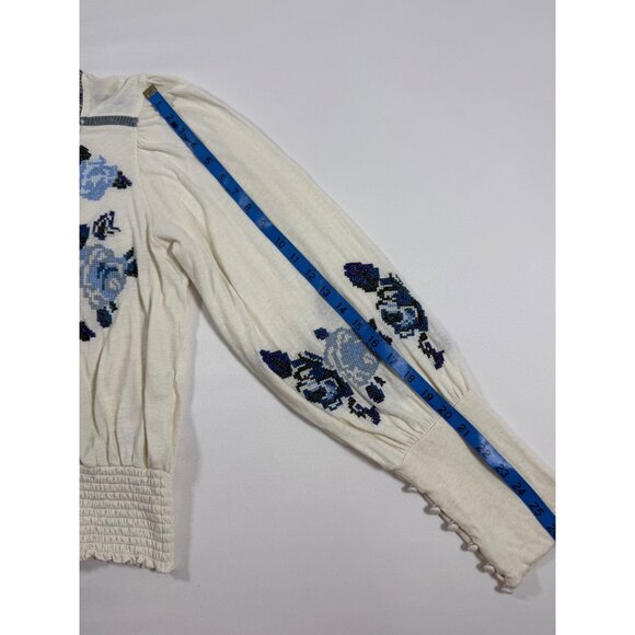 Free People Embroidered Boho Peasant Blouse Small Ivory Blue Floral Smocked Wais - Picture 12 of 14